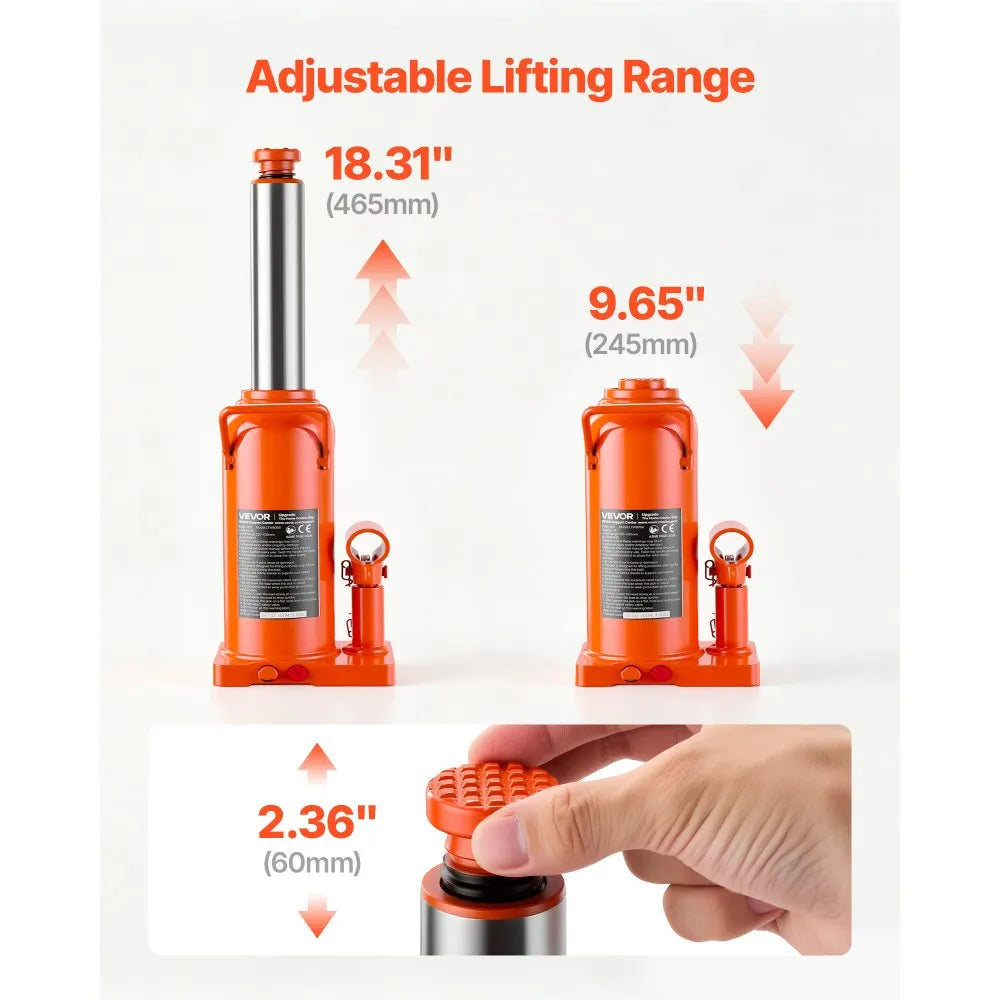 VEVOR Hydraulic Bottle Jack 20 Ton (44092.5 lbs) 9.65"-18.31" Lifting Range, for Construction Vehicle, Heavy-Duty Truck, Bus, Auto Repair and House Lift, Multi-Directional Welded Jack with Long Handle