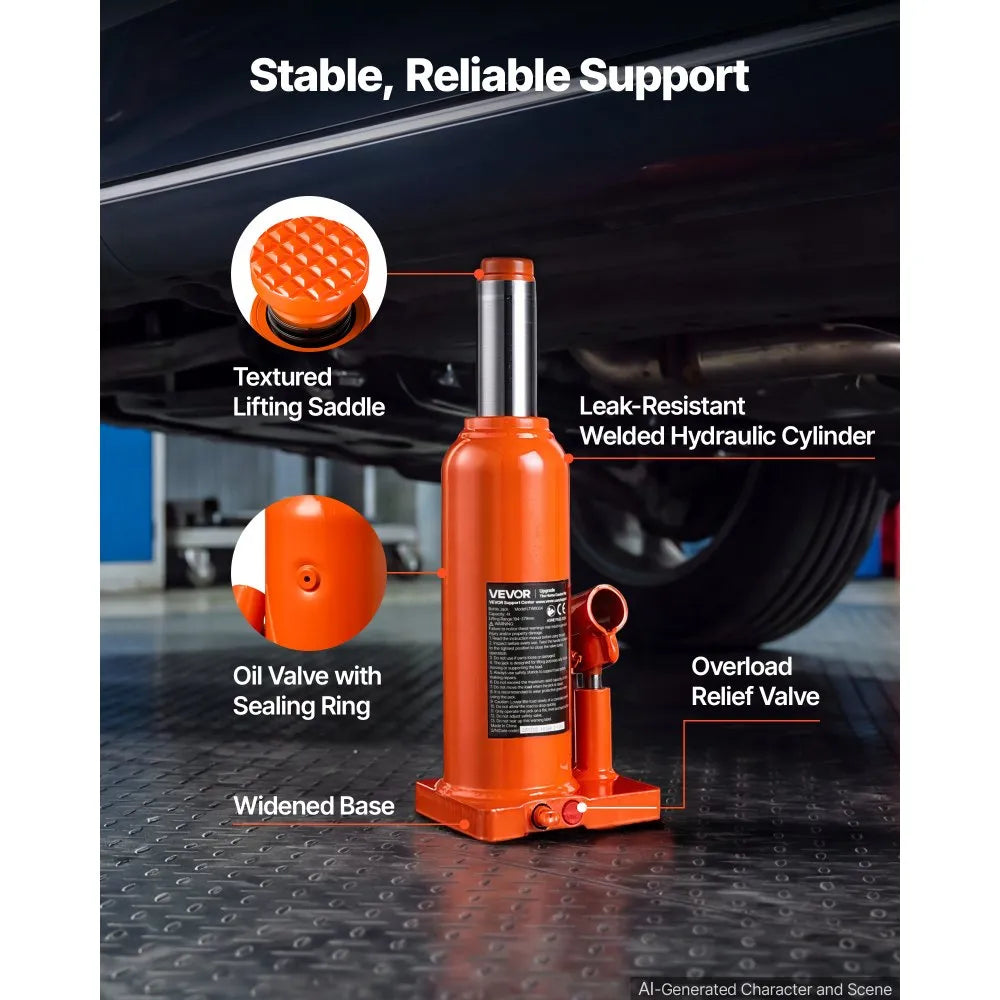 VEVOR Hydraulic Bottle Jack 4 Ton (8818.5 lbs) 7.64"-14.92" Lifting Range, for Midsize Sedan, Midsize SUV, Van, Auto Repair & House Lift, Multi-Directional Welded Jack with Carrying Case & Long Handle