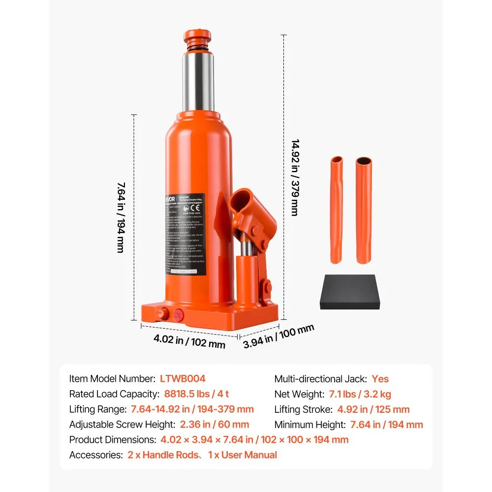 VEVOR Hydraulic Bottle Jack 4 Ton (8818.5 lbs) 7.64"-14.92" Lifting Range, for Midsize Sedan, Midsize SUV, Van, Auto Repair & House Lift, Multi-Directional Welded Jack with Carrying Case & Long Handle