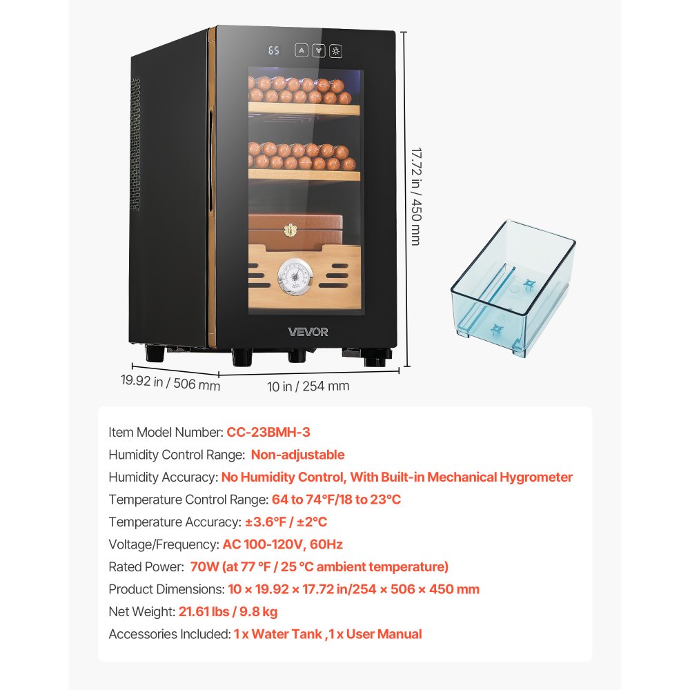 VEVOR Electric Humidor, 23L, 150 Counts Electric Cigar Humidor Cabinet with Cooling Temperature Control, Spanish Cedar Wood Shelves & Drawers, Mechanical Hygrometer, 3 Layers, Cooler for Household