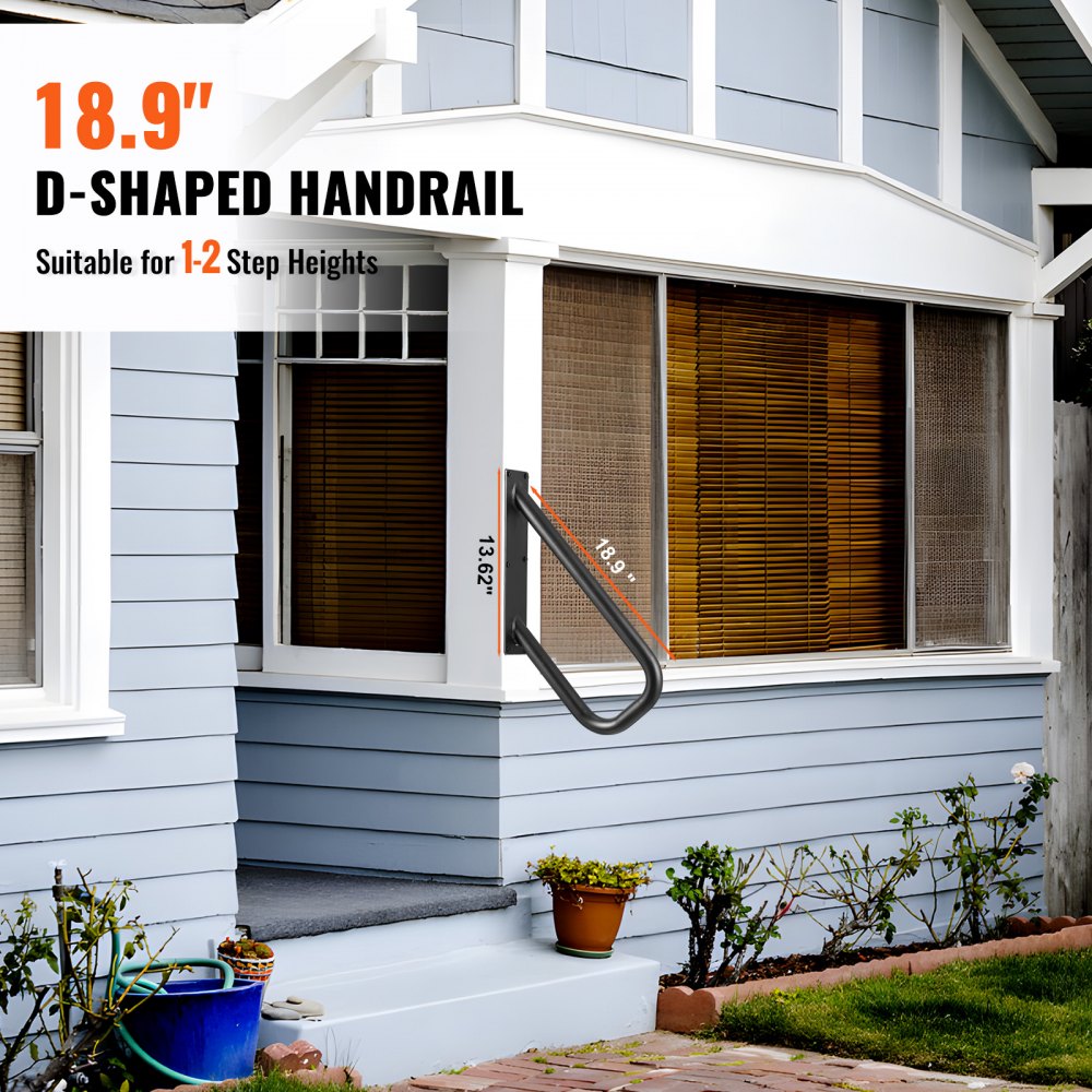 VEVOR Handrails for Outdoor Steps, 18.9" Length 1.3"Pipe Wall Mount Safety Railings for 1-2 Steps, Stair Handrail with Matte Black Finished,for Garden,Yard and Garage & Elderly,Pregnant Women, Disable