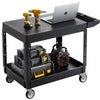 VEVOR Utility Cart, 550 lbs Load Capacity, 37 x 25.4-inch Service Cart, Two-Shelf Heavy Duty Plastic Utility Cart with 360° Swivel Wheels (2 with Brakes), Suitable for Warehouse, Garage, Cleaning