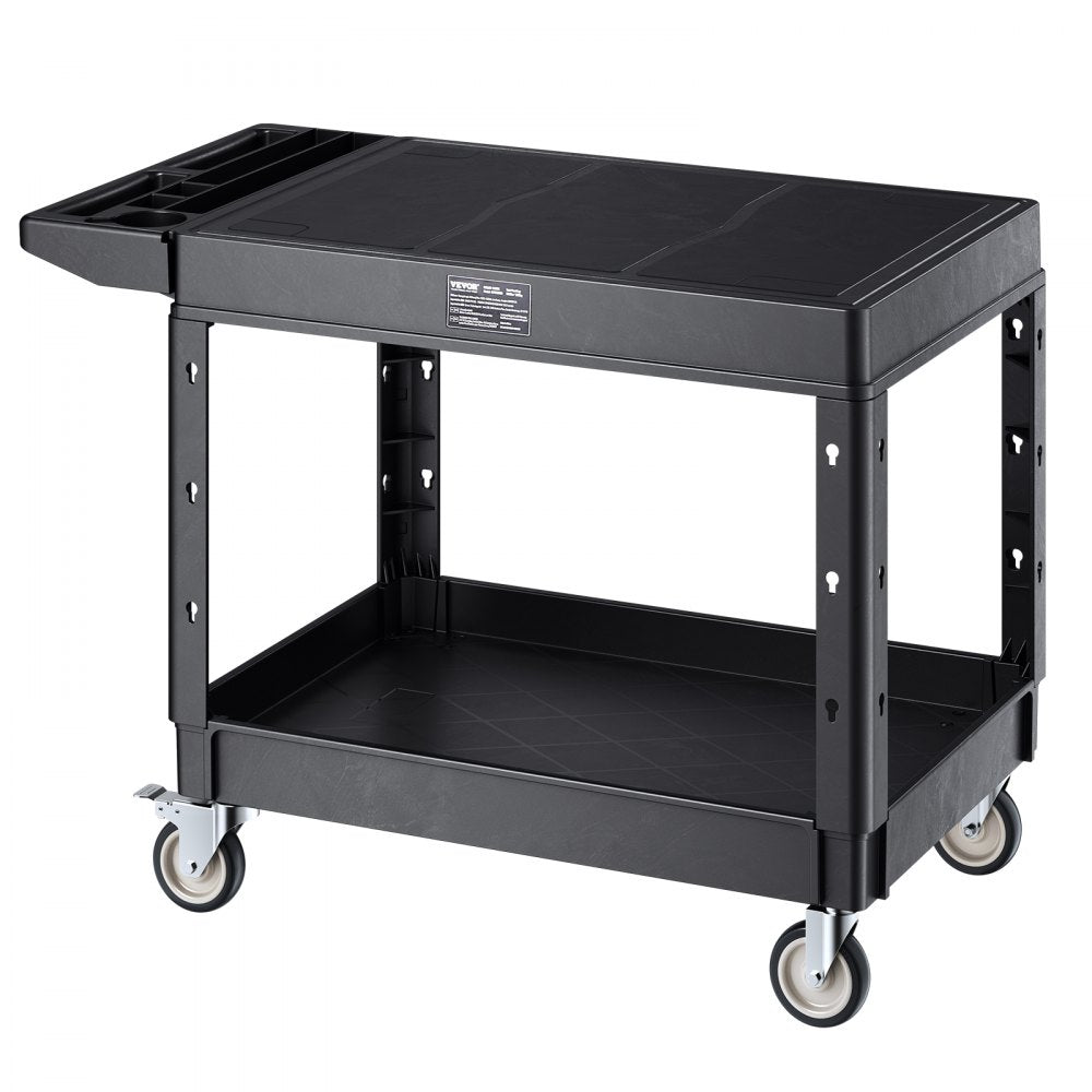 VEVOR Utility Cart, 550 lbs Load Capacity, 37 x 25.4-inch Service Cart, Two-Shelf Heavy Duty Plastic Utility Cart with 360° Swivel Wheels (2 with Brakes), Suitable for Warehouse, Garage, Cleaning