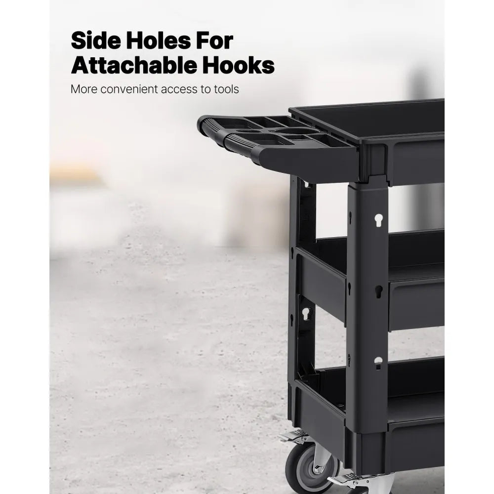 VEVOR Utility Service Cart, 550 LBS Laod Capacity, 3 Shelf Heavy Duty Plastic Rolling Utility Cart with 360° Swivel Wheels (2 with Brakes), Ergonomic Storage Handle for Warehouse/Garage/Cleaning