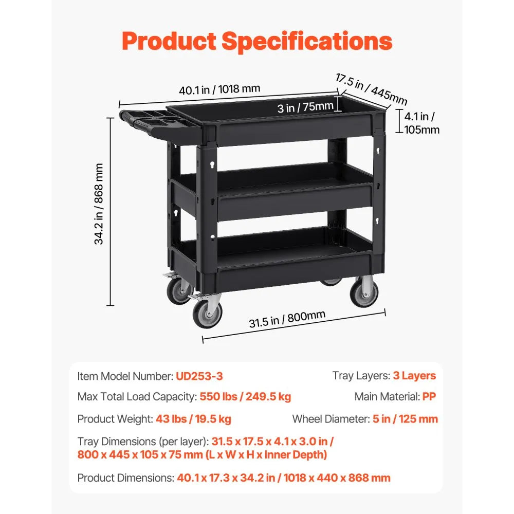 VEVOR Utility Service Cart, 550 LBS Laod Capacity, 3 Shelf Heavy Duty Plastic Rolling Utility Cart with 360° Swivel Wheels (2 with Brakes), Ergonomic Storage Handle for Warehouse/Garage/Cleaning