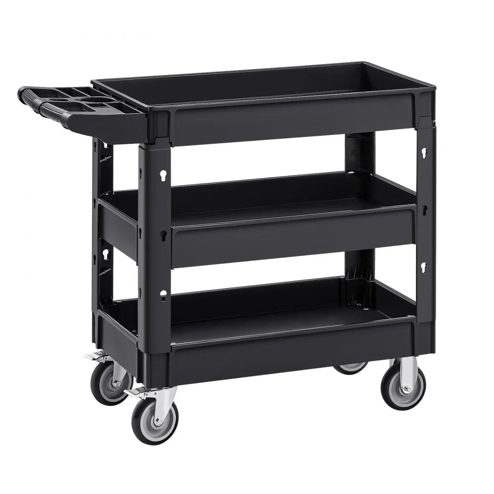 VEVOR Utility Service Cart, 550 LBS Laod Capacity, 3 Shelf Heavy Duty Plastic Rolling Utility Cart with 360° Swivel Wheels (2 with Brakes), Ergonomic Storage Handle for Warehouse/Garage/Cleaning