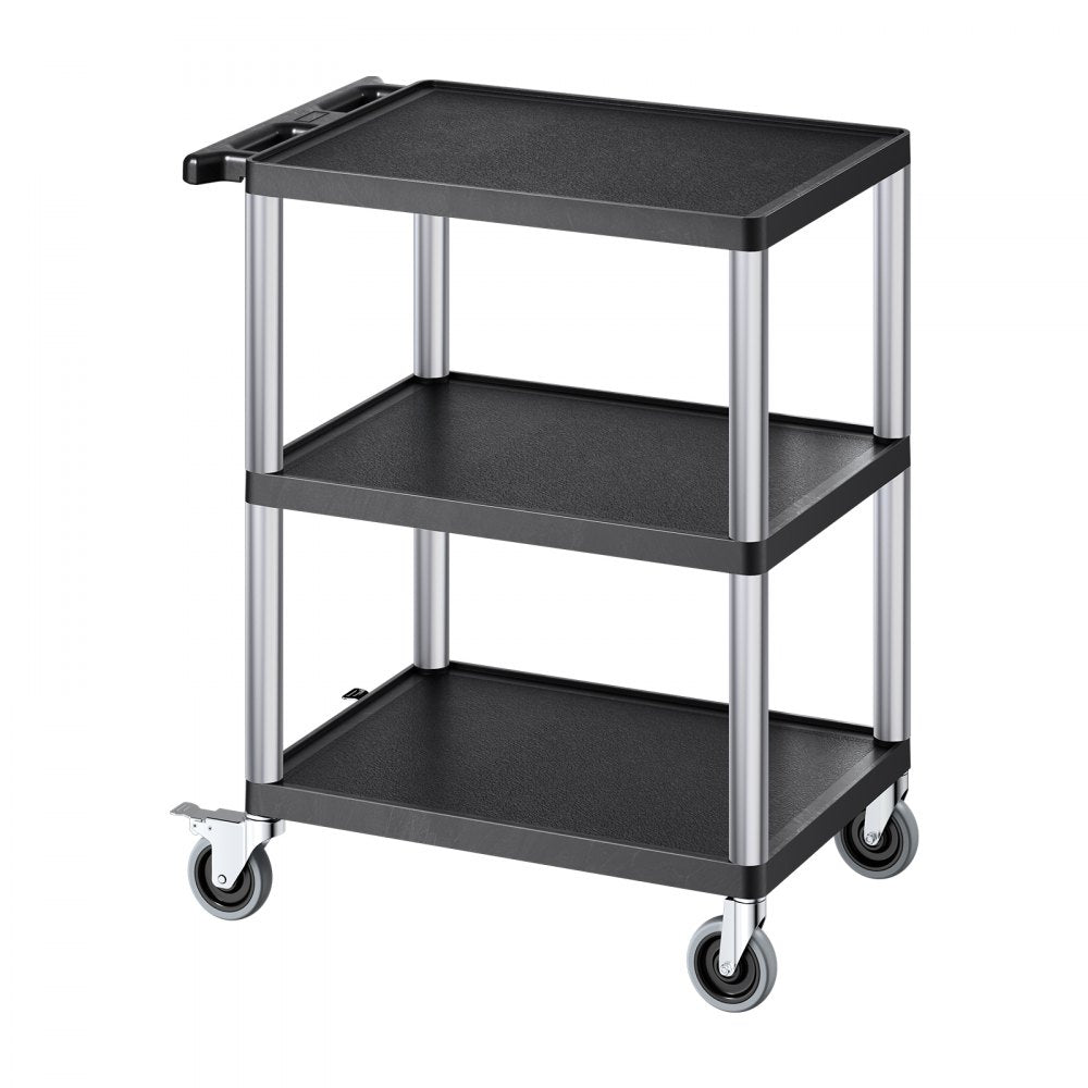 VEVOR Utility Cart, 300 lbs Load Capacity, 27.6 x 18.1-inch Service Cart, Three-Shelf Heavy Duty Plastic Utility Cart with 360° Swivel Wheels (2 with Brakes), Suitable for Warehouse, Garage, Cleaning