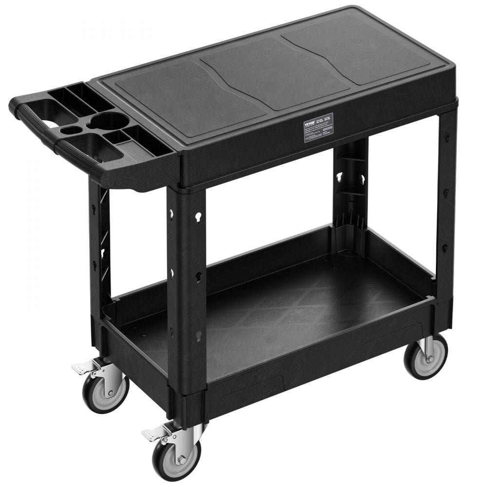 VEVOR Utility Cart, 550 lbs Load Capacity, 31.3 x 17.7-inch Service Cart, Two-Shelf Heavy Duty Plastic Utility Cart with 360° Swivel Wheels (2 with Brakes), Suitable for Warehouse, Garage, Cleaning