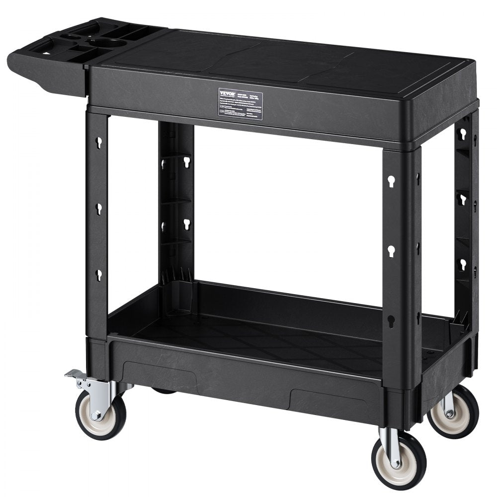 VEVOR Utility Cart, 550 lbs Load Capacity, 31.3 x 17.7-inch Service Cart, Two-Shelf Heavy Duty Plastic Utility Cart with 360° Swivel Wheels (2 with Brakes), Suitable for Warehouse, Garage, Cleaning