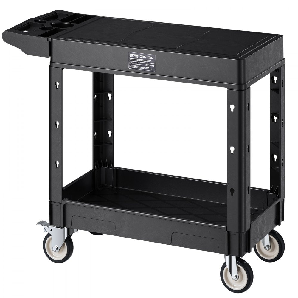 VEVOR Utility Cart, 550 lbs Load Capacity, 31.3 x 17.7-inch Service Cart, Two-Shelf Heavy Duty Plastic Utility Cart with 360° Swivel Wheels (2 with Brakes), Suitable for Warehouse, Garage, Cleaning