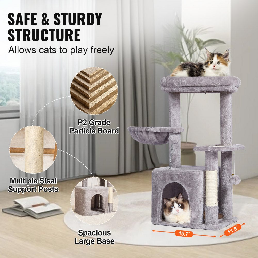 VEVOR Cat Tree for Indoor Cats, 31.4" Cat Tree Tower with Cat Condo, Sisal Scratching Post, Hammock, Top Perch, Jumping Platform, Cat House with Hang Ball, Cat Furniture Activity Center, Light Grey
