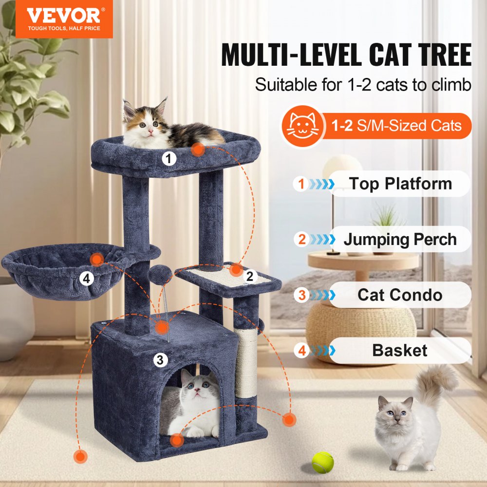 VEVOR Cat Tree for Indoor Cats, 31.4" Cat Tower with Cat Condo, Sisal Scratching Post, Hammock, Top Perch, Jumping Platform, Cat House with Hang Ball, Cat Furniture Activity Center, Dark Grey
