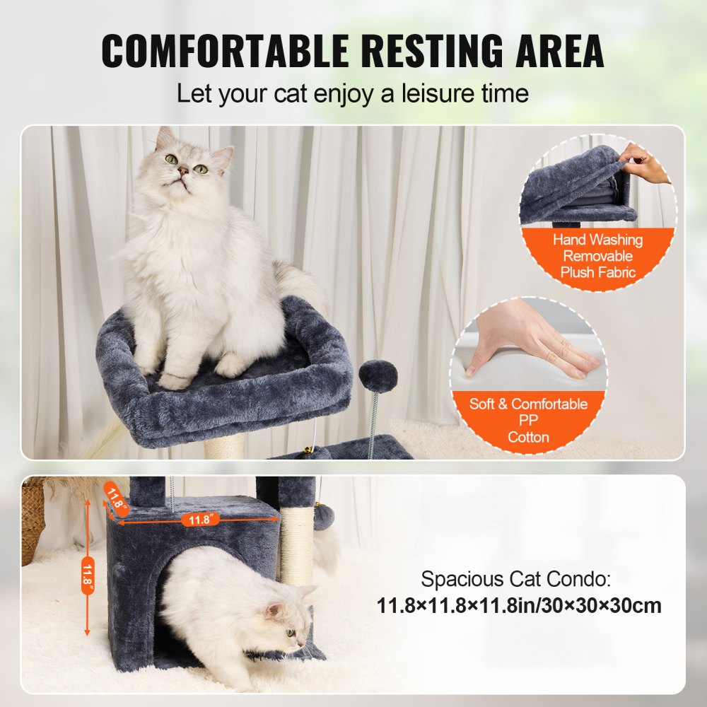 VEVOR Cat Tree for Indoor Cats, 31.4" Cat Tower with Cat Condo, Sisal Scratching Post, Hammock, Top Perch, Jumping Platform, Cat House with Hang Ball, Cat Furniture Activity Center, Dark Grey
