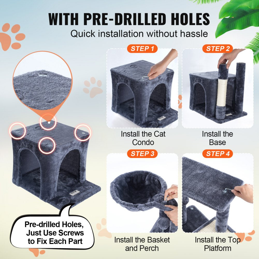 VEVOR Cat Tree for Indoor Cats, 31.4" Cat Tower with Cat Condo, Sisal Scratching Post, Hammock, Top Perch, Jumping Platform, Cat House with Hang Ball, Cat Furniture Activity Center, Dark Grey
