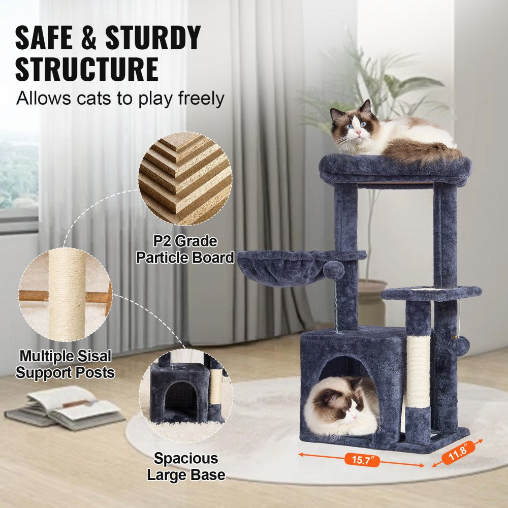 VEVOR Cat Tree for Indoor Cats, 31.4" Cat Tower with Cat Condo, Sisal Scratching Post, Hammock, Top Perch, Jumping Platform, Cat House with Hang Ball, Cat Furniture Activity Center, Dark Grey