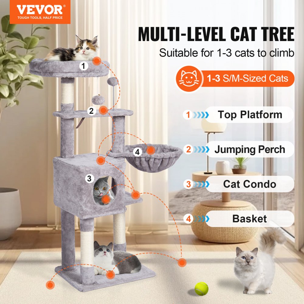 VEVOR Cat Tree for Indoor Cats, 45.2" Cat Tower with Cat Condo, Sisal Scratching Post, Hammock, Top Perch, Jumping Platforms, Large Cat House with Hang Ball, Cat Furniture Activity Center, Light Grey