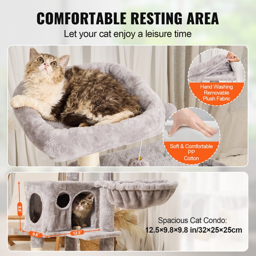 VEVOR Cat Tree for Indoor Cats, 45.2" Cat Tower with Cat Condo, Sisal Scratching Post, Hammock, Top Perch, Jumping Platforms, Large Cat House with Hang Ball, Cat Furniture Activity Center, Light Grey