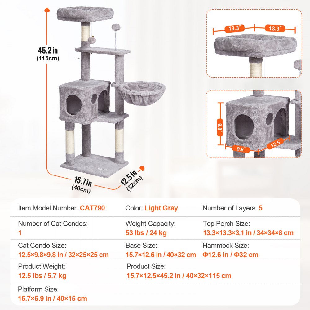 VEVOR Cat Tree for Indoor Cats, 45.2" Cat Tower with Cat Condo, Sisal Scratching Post, Hammock, Top Perch, Jumping Platforms, Large Cat House with Hang Ball, Cat Furniture Activity Center, Light Grey