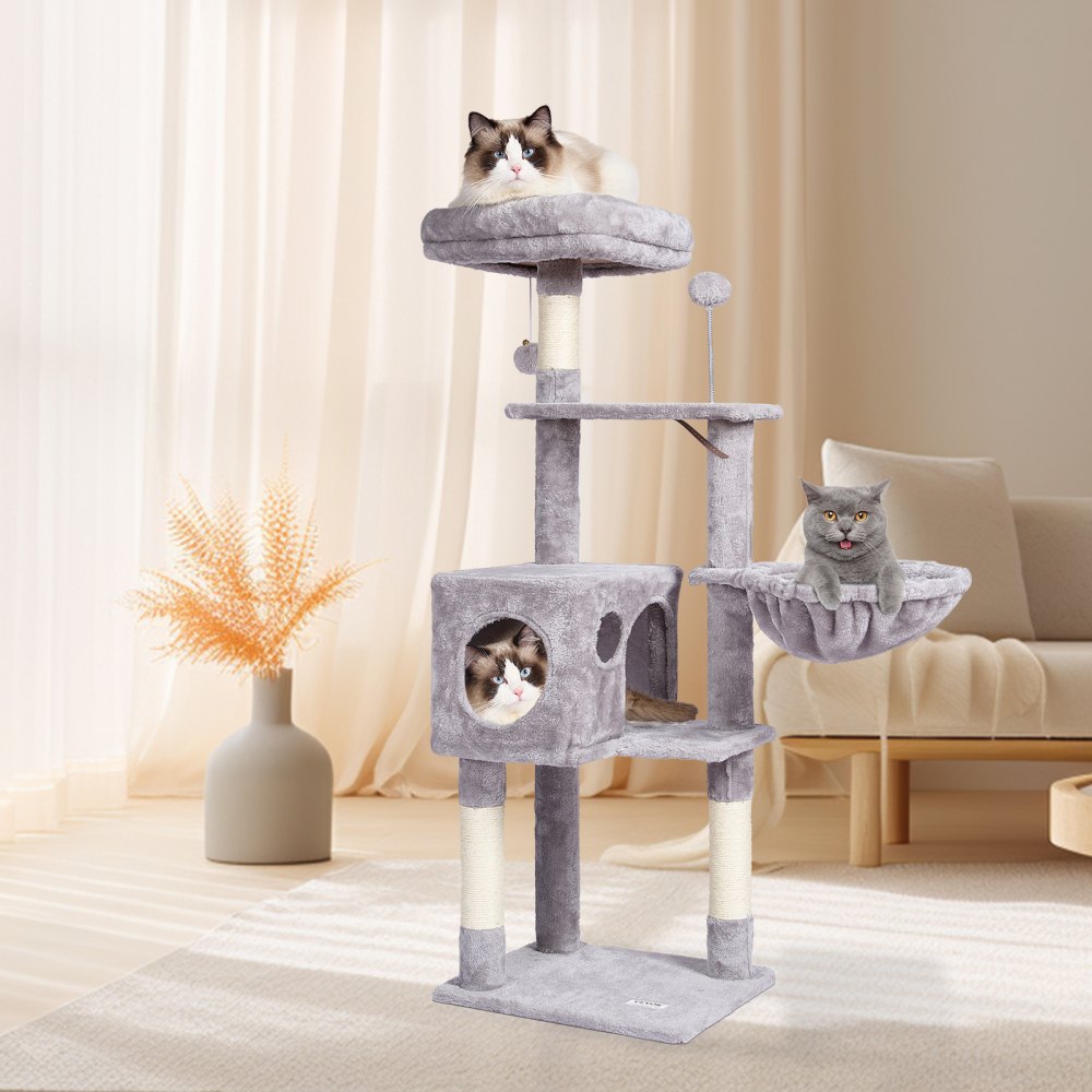 VEVOR Cat Tree for Indoor Cats, 45.2" Cat Tower with Cat Condo, Sisal Scratching Post, Hammock, Top Perch, Jumping Platforms, Large Cat House with Hang Ball, Cat Furniture Activity Center, Light Grey