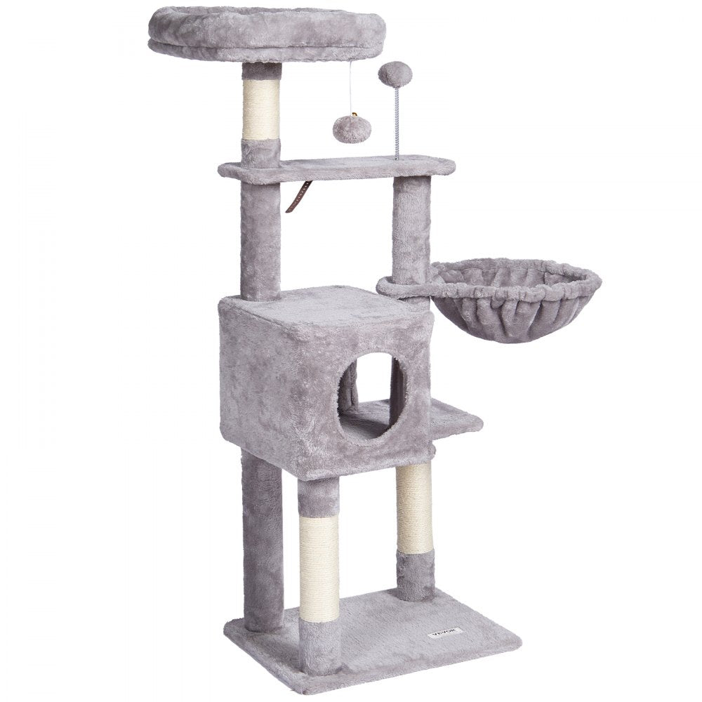 VEVOR Cat Tree for Indoor Cats, 45.2" Cat Tower with Cat Condo, Sisal Scratching Post, Hammock, Top Perch, Jumping Platforms, Large Cat House with Hang Ball, Cat Furniture Activity Center, Light Grey