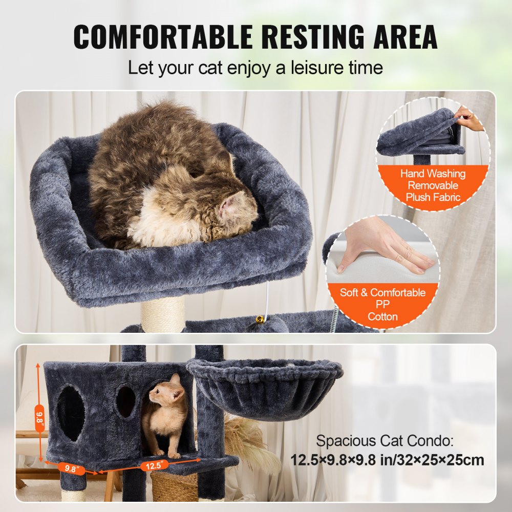 VEVOR Cat Tree for Indoor Cats, 45.2" Cat Tower with Cat Condo, Sisal Scratching Post, Hammock, Top Perch, Jumping Platforms, Large Cat House with Hang Ball, Cat Furniture Activity Center, Dark Grey