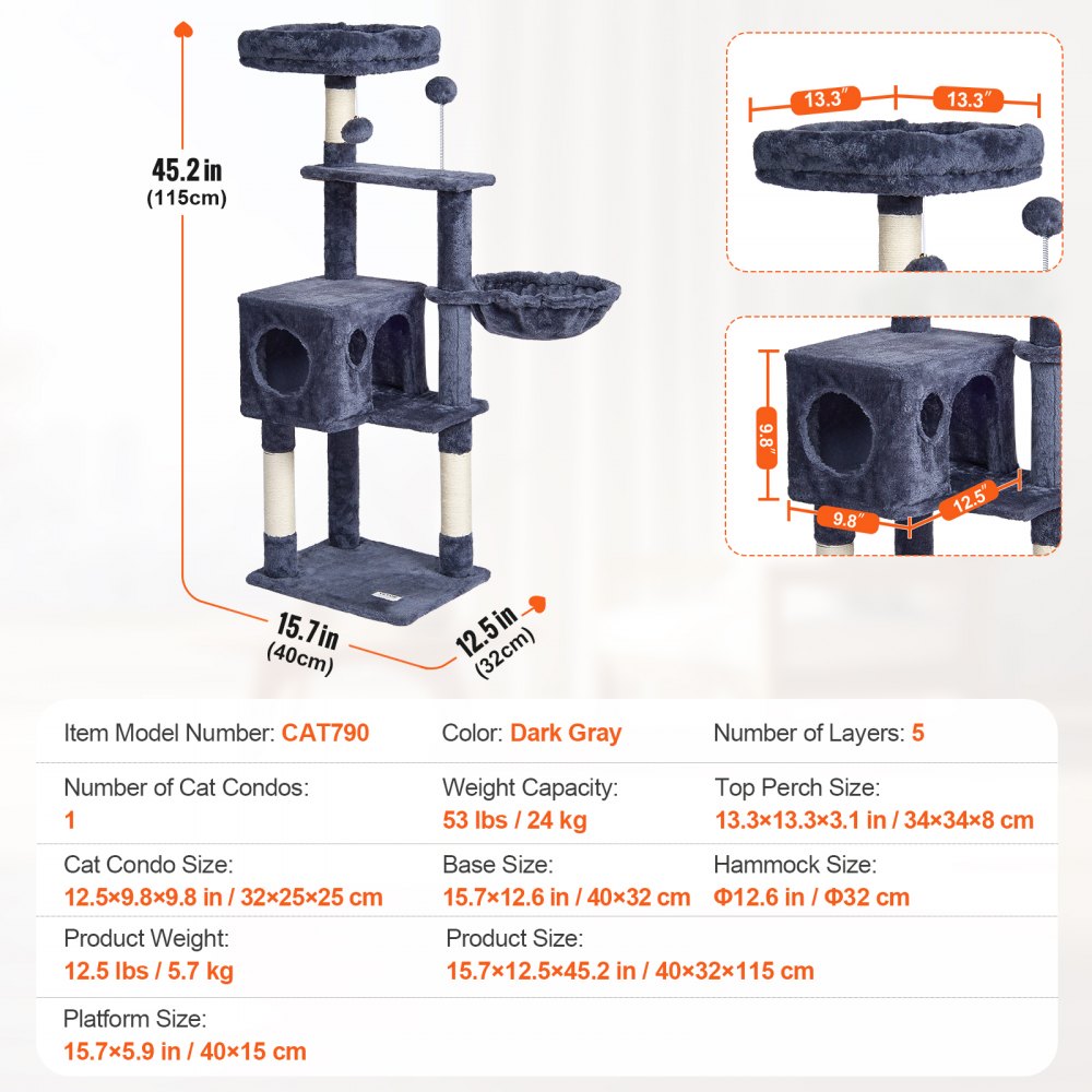 VEVOR Cat Tree for Indoor Cats, 45.2" Cat Tower with Cat Condo, Sisal Scratching Post, Hammock, Top Perch, Jumping Platforms, Large Cat House with Hang Ball, Cat Furniture Activity Center, Dark Grey