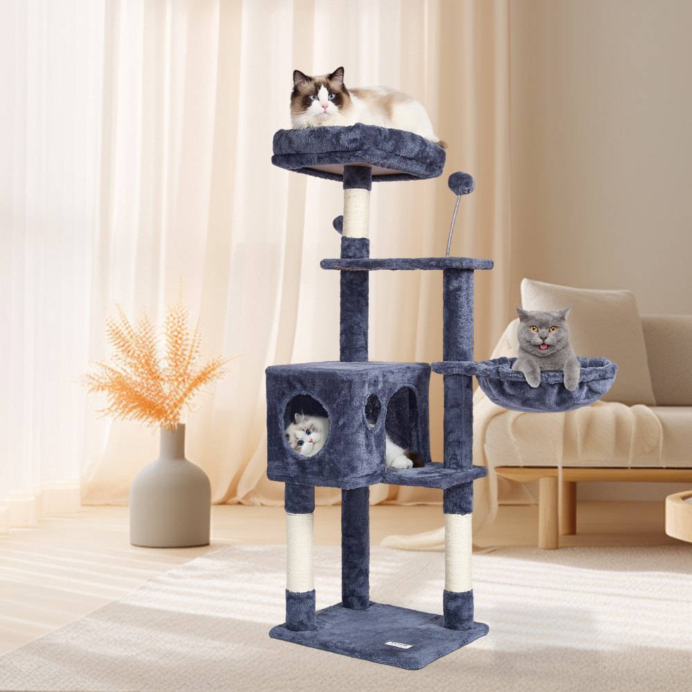 VEVOR Cat Tree for Indoor Cats, 45.2" Cat Tower with Cat Condo, Sisal Scratching Post, Hammock, Top Perch, Jumping Platforms, Large Cat House with Hang Ball, Cat Furniture Activity Center, Dark Grey