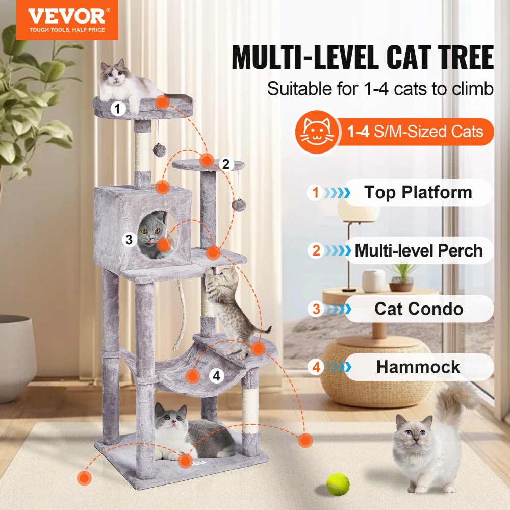 VEVOR Cat Tree for Indoor Cats, 56.2" Cat Tower with Cat Condo, Sisal Scratching Post, Hammock, Top Perch, Jumping Platforms, Large Cat House with Hang Ball, Cat Furniture Activity Center, Light Grey