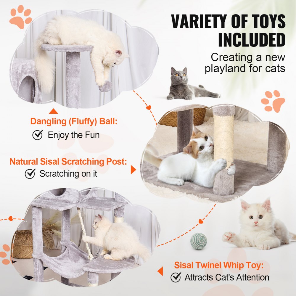 VEVOR Cat Tree for Indoor Cats, 56.2" Cat Tower with Cat Condo, Sisal Scratching Post, Hammock, Top Perch, Jumping Platforms, Large Cat House with Hang Ball, Cat Furniture Activity Center, Light Grey