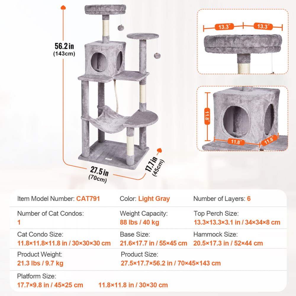 VEVOR Cat Tree for Indoor Cats, 56.2" Cat Tower with Cat Condo, Sisal Scratching Post, Hammock, Top Perch, Jumping Platforms, Large Cat House with Hang Ball, Cat Furniture Activity Center, Light Grey