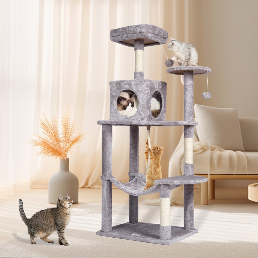 VEVOR Cat Tree for Indoor Cats, 56.2" Cat Tower with Cat Condo, Sisal Scratching Post, Hammock, Top Perch, Jumping Platforms, Large Cat House with Hang Ball, Cat Furniture Activity Center, Light Grey