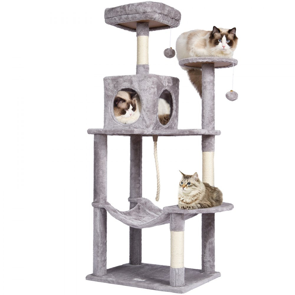VEVOR Cat Tree for Indoor Cats, 56.2" Cat Tower with Cat Condo, Sisal Scratching Post, Hammock, Top Perch, Jumping Platforms, Large Cat House with Hang Ball, Cat Furniture Activity Center, Light Grey