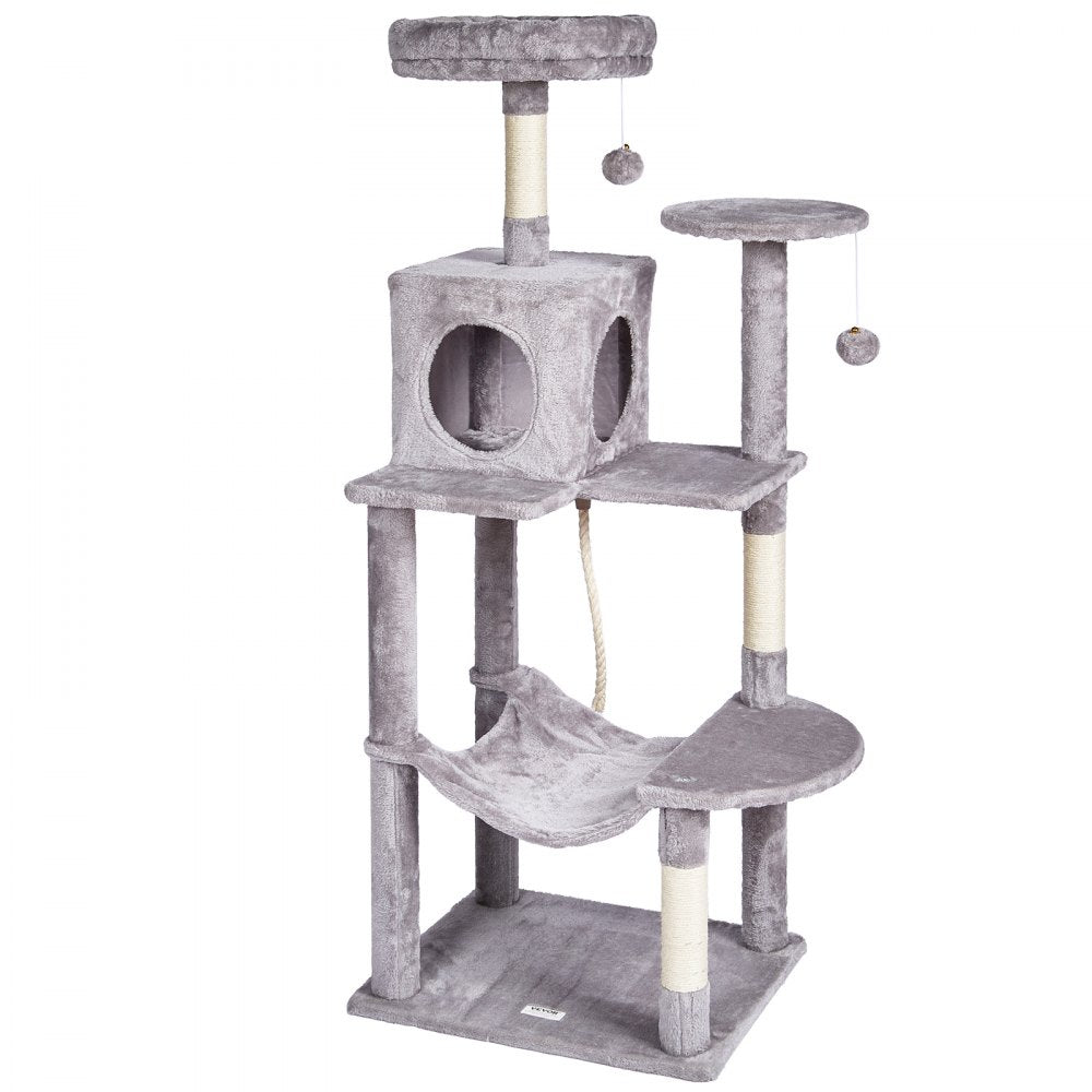 VEVOR Cat Tree for Indoor Cats, 56.2" Cat Tower with Cat Condo, Sisal Scratching Post, Hammock, Top Perch, Jumping Platforms, Large Cat House with Hang Ball, Cat Furniture Activity Center, Light Grey