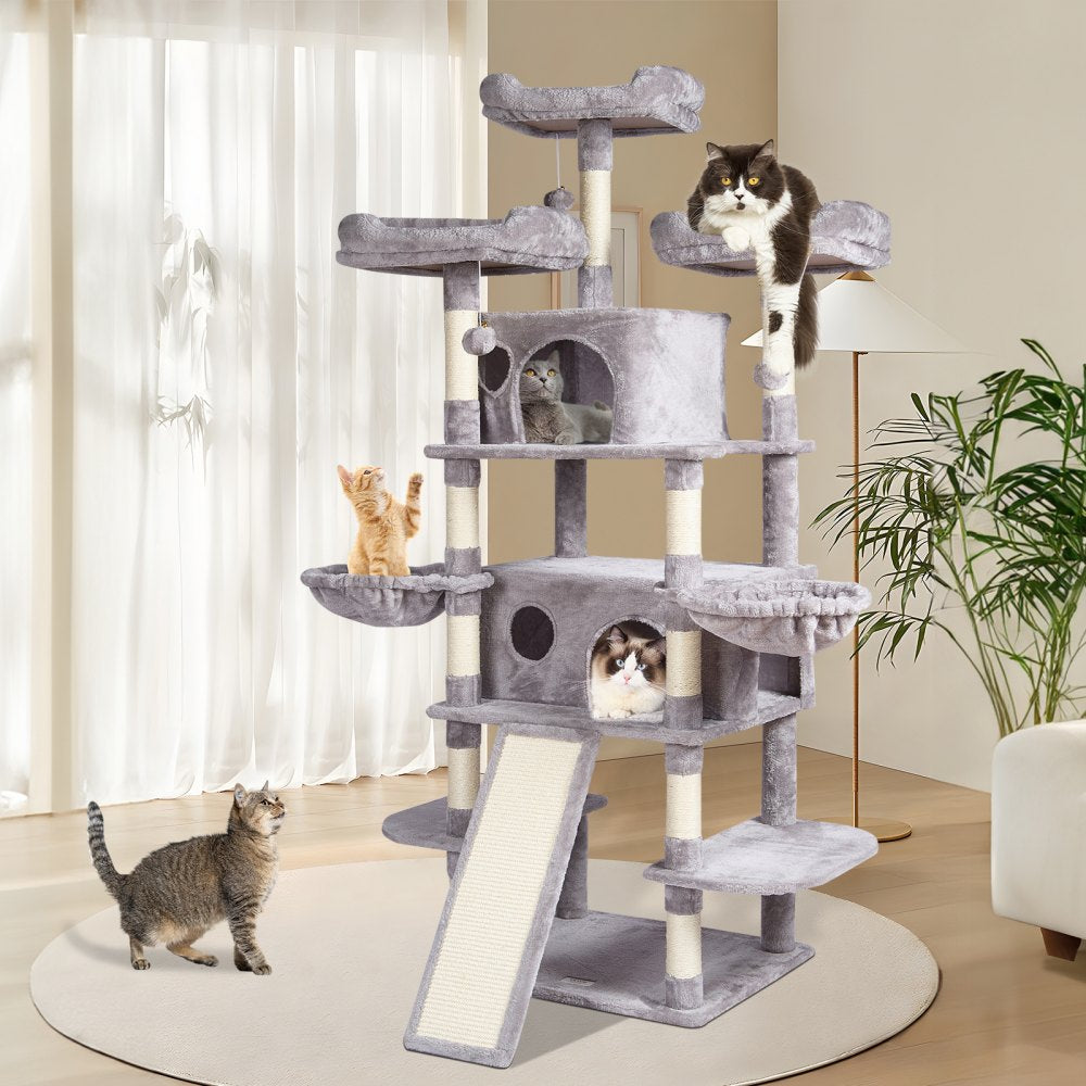 VEVOR Cat Tree for Indoor Cats, 68.5" Cat Tower with 2 Cat Condos, Sisal Scratching Post, Hammocks, Top Perches, Jumping Platforms and Ramp, Cat Furniture Activity Center with Hang Balls, Light Grey