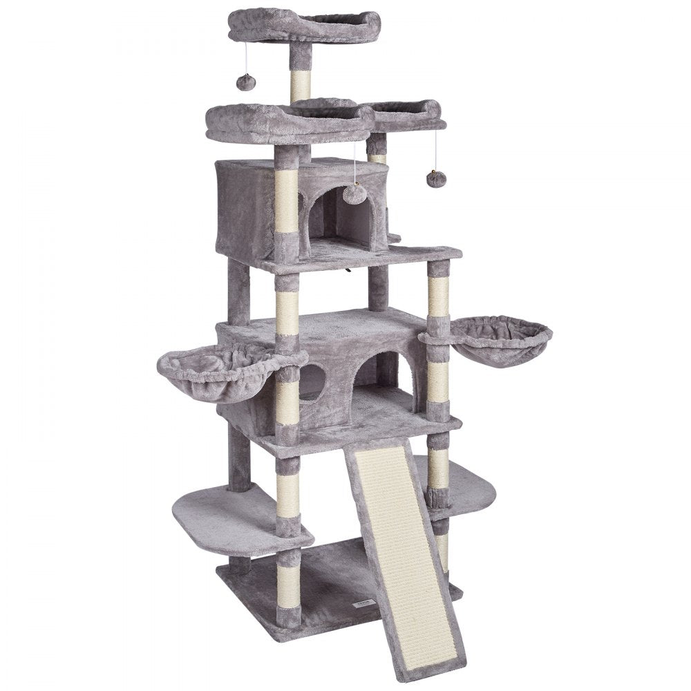 VEVOR Cat Tree for Indoor Cats, 68.5" Cat Tower with 2 Cat Condos, Sisal Scratching Post, Hammocks, Top Perches, Jumping Platforms and Ramp, Cat Furniture Activity Center with Hang Balls, Light Grey