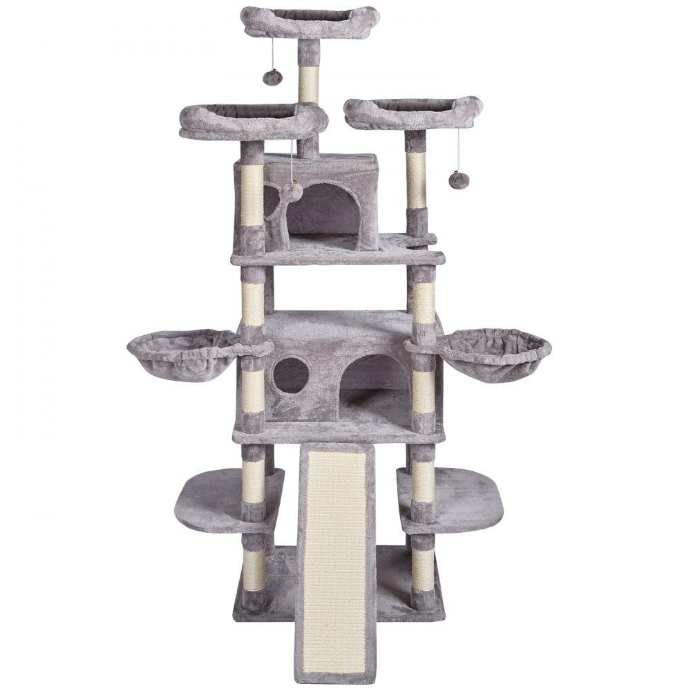 VEVOR Cat Tree for Indoor Cats, 68.5" Cat Tower with 2 Cat Condos, Sisal Scratching Post, Hammocks, Top Perches, Jumping Platforms and Ramp, Cat Furniture Activity Center with Hang Balls, Light Grey