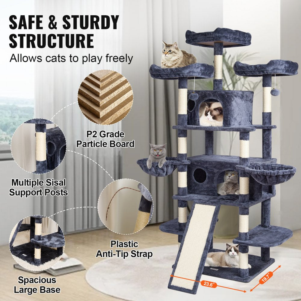 VEVOR Cat Tree for Indoor Cats, 68.5" Cat Tower with 2 Cat Condos, Sisal Scratching Post, Hammocks, Top Perches, Jumping Platforms and Ramp, Cat Furniture Activity Center with Hang Balls, Dark Grey