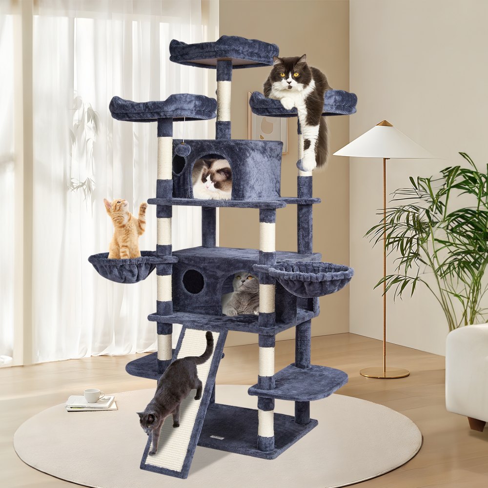 VEVOR Cat Tree for Indoor Cats, 68.5" Cat Tower with 2 Cat Condos, Sisal Scratching Post, Hammocks, Top Perches, Jumping Platforms and Ramp, Cat Furniture Activity Center with Hang Balls, Dark Grey