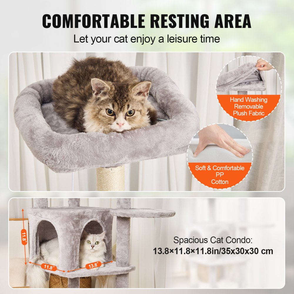 VEVOR Cat Tree for Indoor Cats, 60.6" Cat Tower with Cat Condo, Sisal Scratching Post, Hammock, Top Perch, Jumping Platforms, Large Cat Furniture Activity Center with Hang Ball, Light Grey