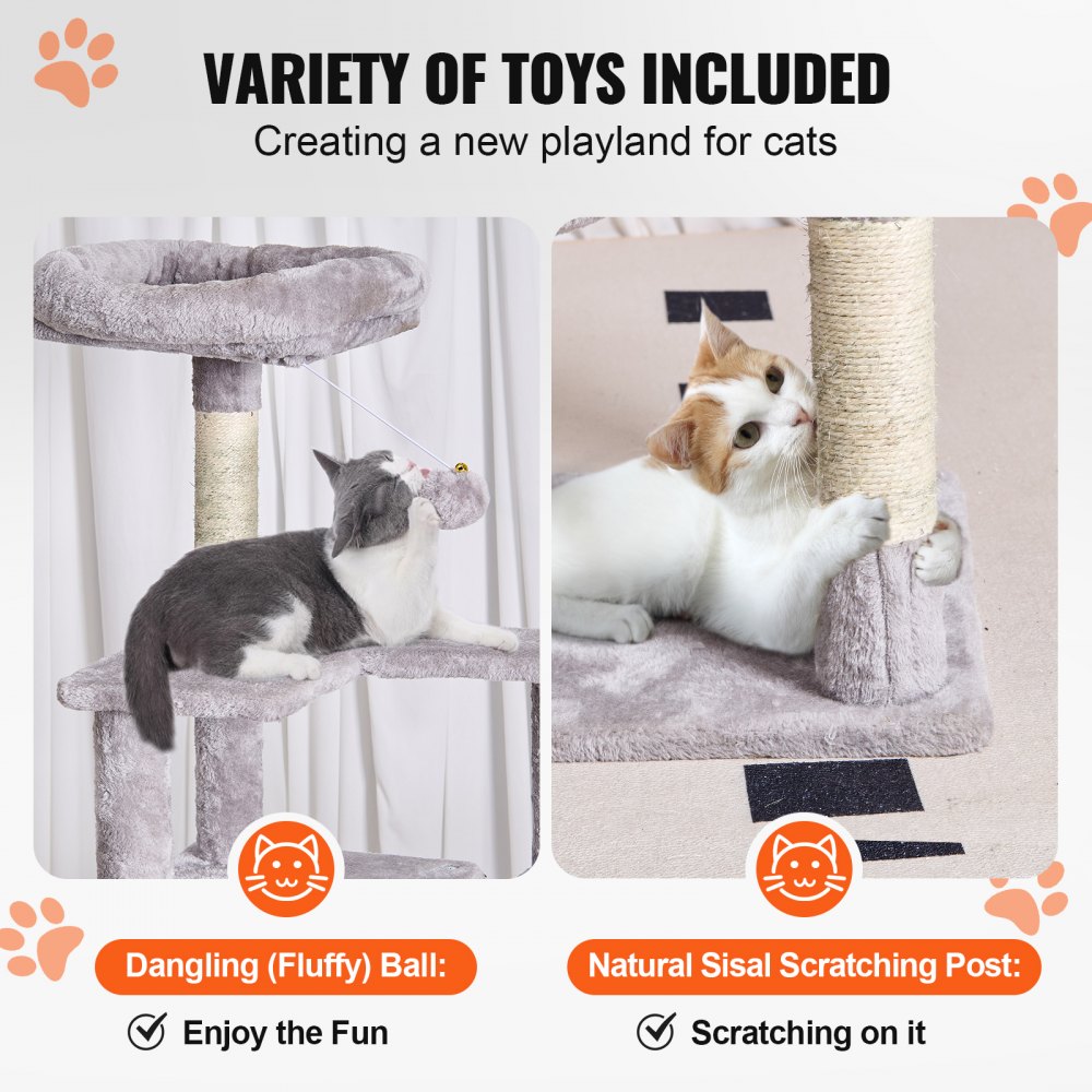 VEVOR Cat Tree for Indoor Cats, 60.6" Cat Tower with Cat Condo, Sisal Scratching Post, Hammock, Top Perch, Jumping Platforms, Large Cat Furniture Activity Center with Hang Ball, Light Grey
