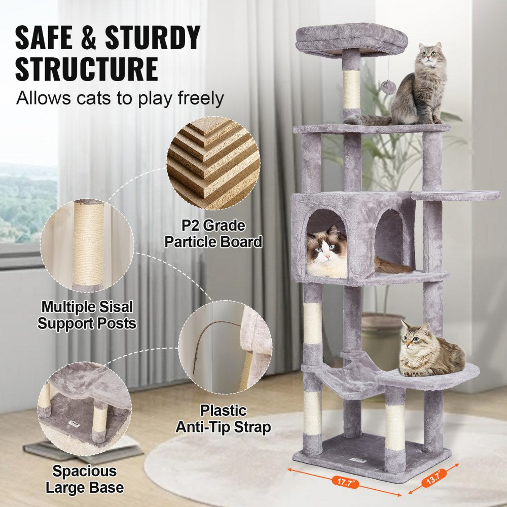 VEVOR Cat Tree for Indoor Cats, 60.6" Cat Tower with Cat Condo, Sisal Scratching Post, Hammock, Top Perch, Jumping Platforms, Large Cat Furniture Activity Center with Hang Ball, Light Grey