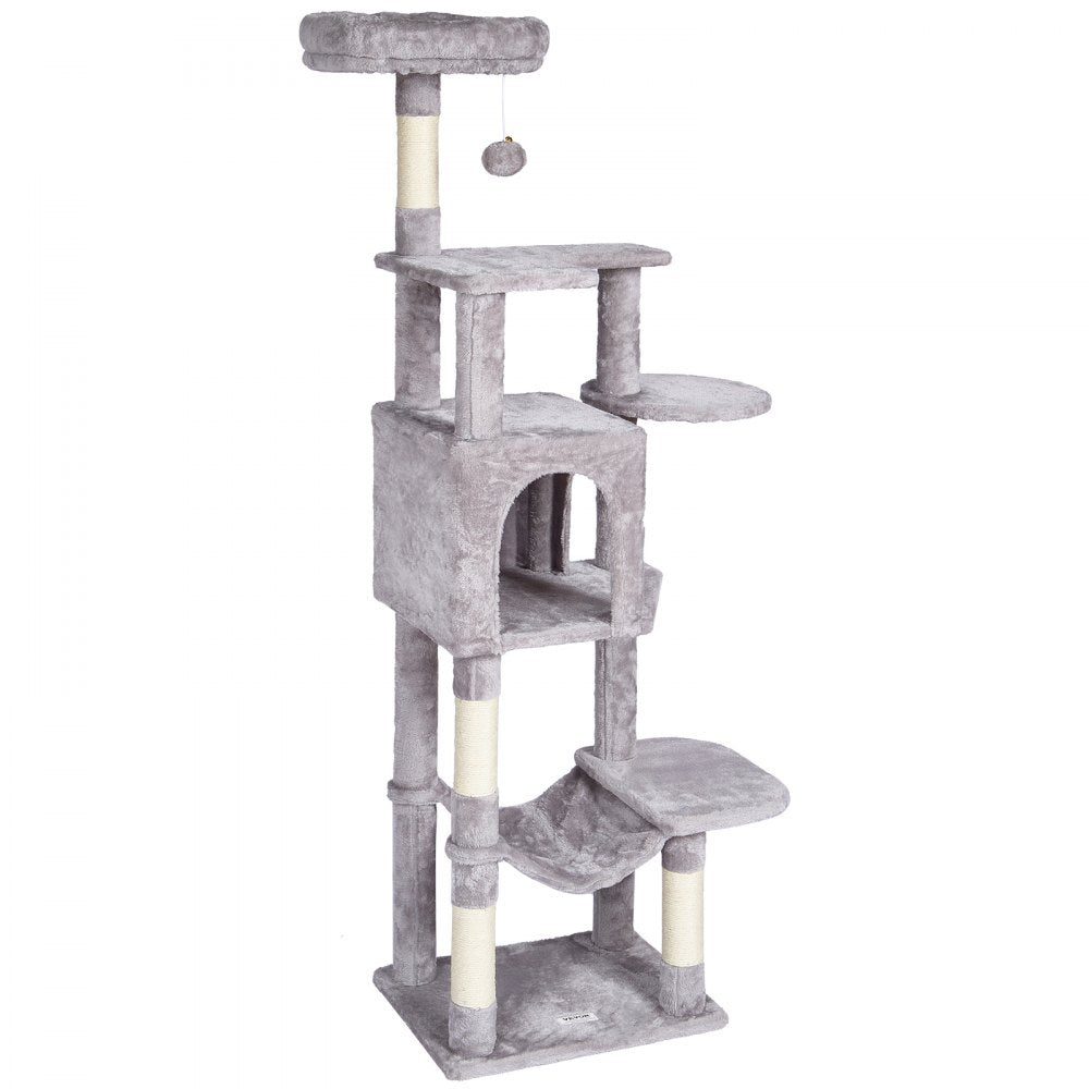 VEVOR Cat Tree for Indoor Cats, 60.6" Cat Tower with Cat Condo, Sisal Scratching Post, Hammock, Top Perch, Jumping Platforms, Large Cat Furniture Activity Center with Hang Ball, Light Grey