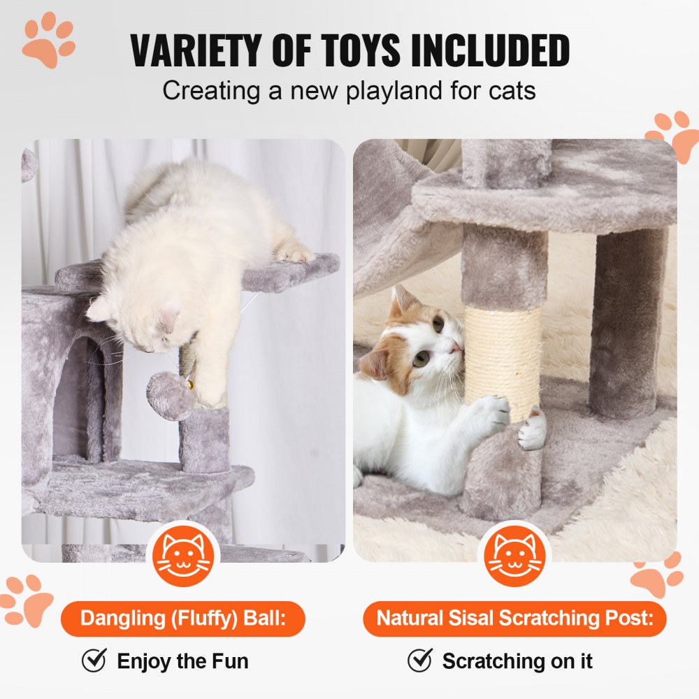 VEVOR Cat Tree for Indoor Cats, 63" Cat Tower with 2 Cat Condos, Sisal Scratching Post, Hammock, Top Perch, Jumping Platforms, Large Cat Furniture Activity Center with Hang Ball, Light Grey