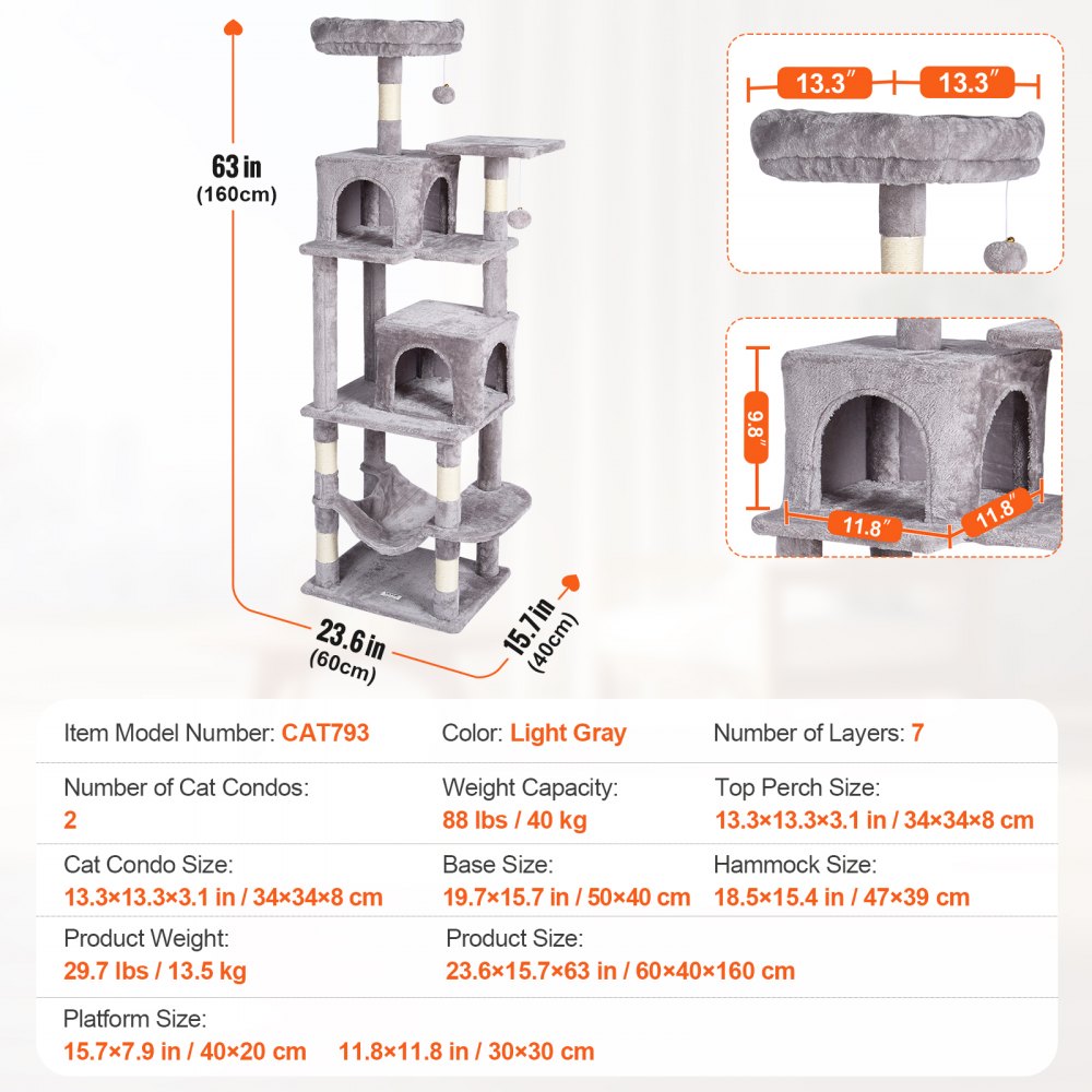 VEVOR Cat Tree for Indoor Cats, 63" Cat Tower with 2 Cat Condos, Sisal Scratching Post, Hammock, Top Perch, Jumping Platforms, Large Cat Furniture Activity Center with Hang Ball, Light Grey