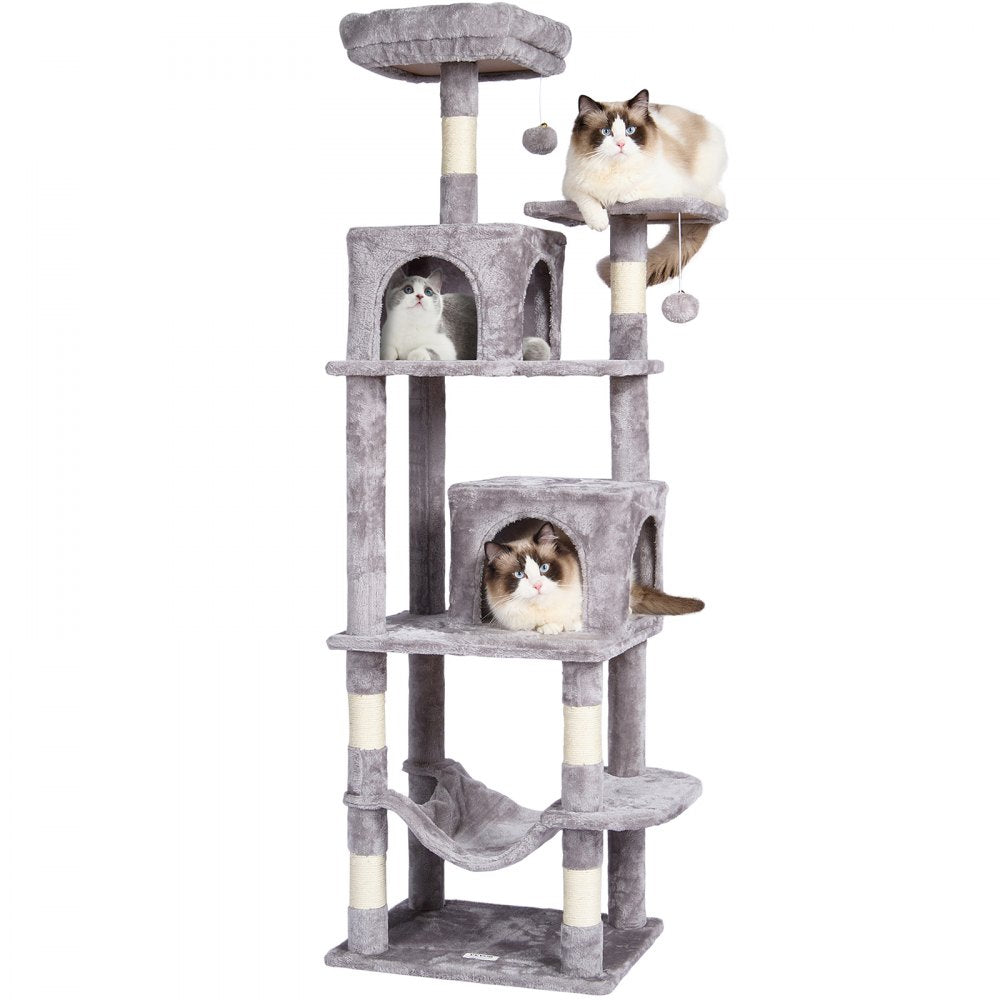VEVOR Cat Tree for Indoor Cats, 63" Cat Tower with 2 Cat Condos, Sisal Scratching Post, Hammock, Top Perch, Jumping Platforms, Large Cat Furniture Activity Center with Hang Ball, Light Grey