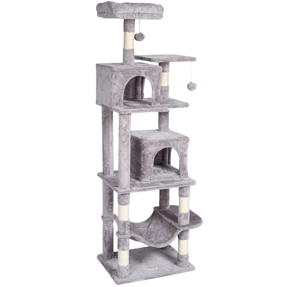 VEVOR Cat Tree for Indoor Cats, 63" Cat Tower with 2 Cat Condos, Sisal Scratching Post, Hammock, Top Perch, Jumping Platforms, Large Cat Furniture Activity Center with Hang Ball, Light Grey