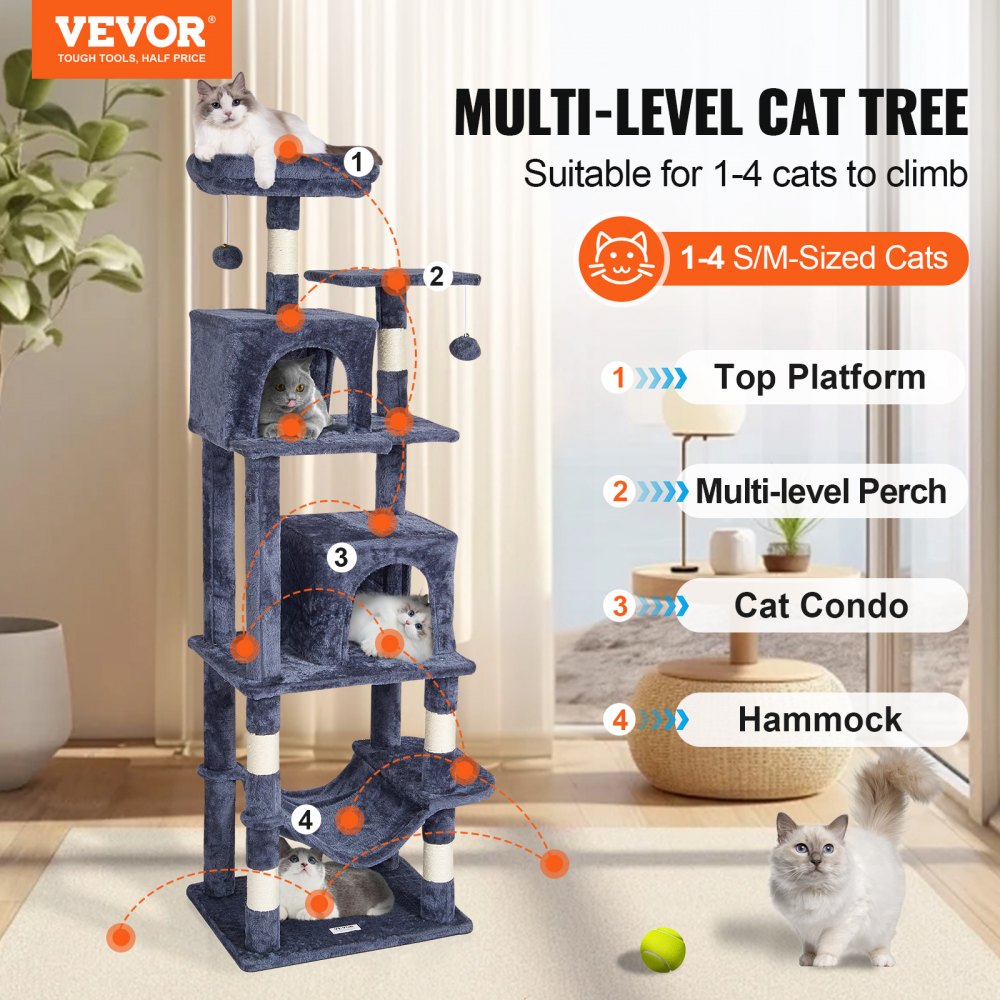 VEVOR Cat Tree for Indoor Cats, 63" Cat Tower with 2 Cat Condos, Sisal Scratching Post, Hammock, Top Perch, Jumping Platforms, Large Cat Furniture Activity Center with Hang Ball, Dark Grey
