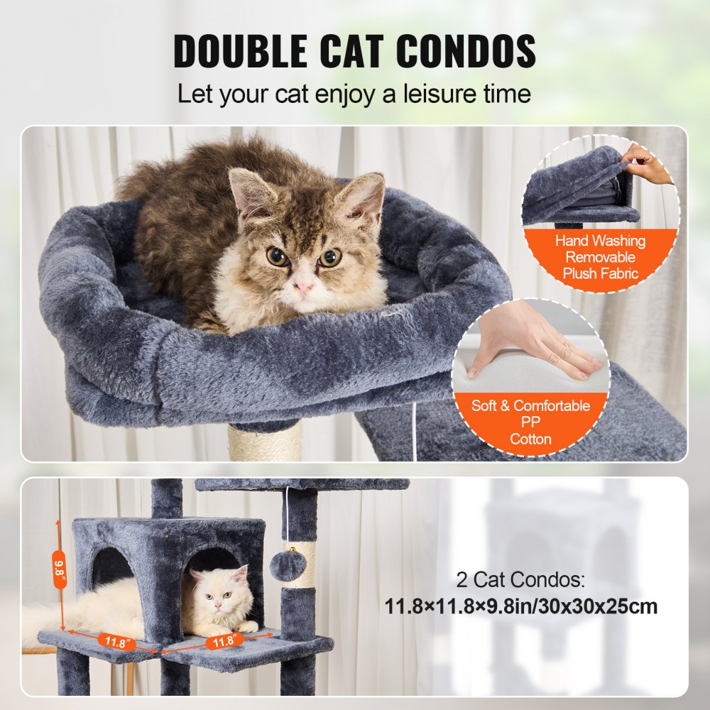 VEVOR Cat Tree for Indoor Cats, 63" Cat Tower with 2 Cat Condos, Sisal Scratching Post, Hammock, Top Perch, Jumping Platforms, Large Cat Furniture Activity Center with Hang Ball, Dark Grey