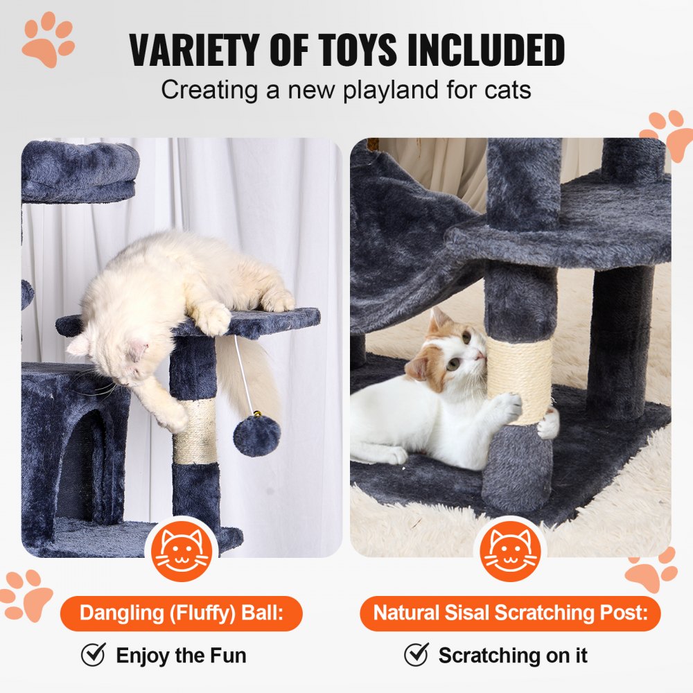 VEVOR Cat Tree for Indoor Cats, 63" Cat Tower with 2 Cat Condos, Sisal Scratching Post, Hammock, Top Perch, Jumping Platforms, Large Cat Furniture Activity Center with Hang Ball, Dark Grey
