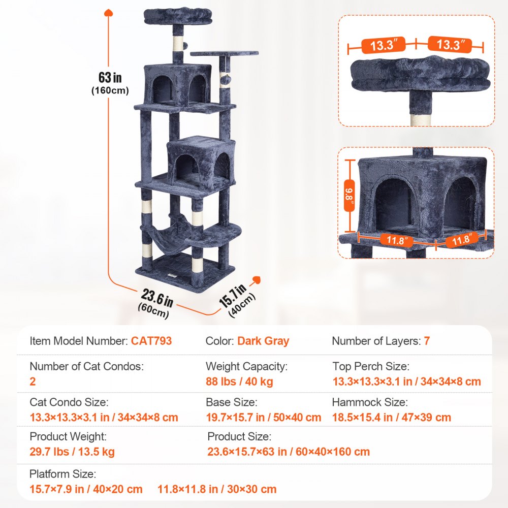 VEVOR Cat Tree for Indoor Cats, 63" Cat Tower with 2 Cat Condos, Sisal Scratching Post, Hammock, Top Perch, Jumping Platforms, Large Cat Furniture Activity Center with Hang Ball, Dark Grey